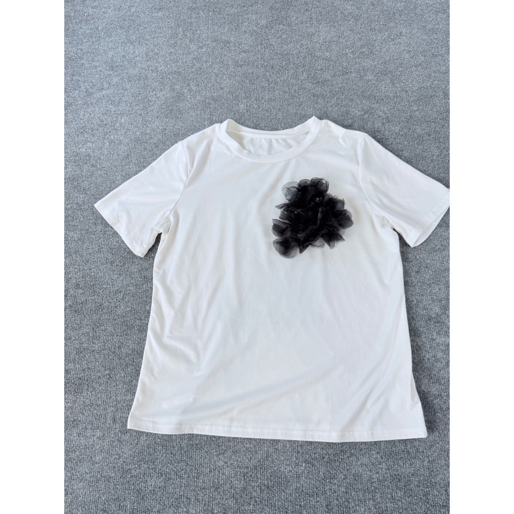 SHEIN Womens White Short Sleeve T-Shirt Black Tulle Flower Rhinestone Size M